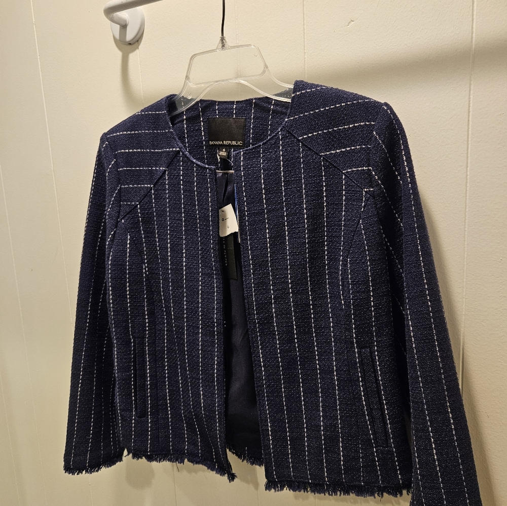 Banana Republic Blue White Striped Fringe Trim Collarless Blazer Jacket Size 6
